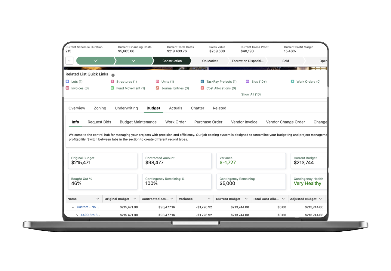 Laptop displaying Infill Pro’s job cost accounting feature for detailed construction expense tracking.